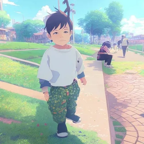 a person is walking down the sidewalk near some people,anime japanese clothing,takahata,walking in a spring,chomet,hosoda,walkin,Common,Common,Japanese Manga