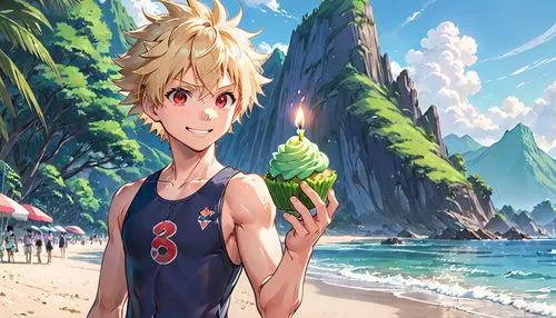 one man with spiky blonde hair and red eyes who looks like Bakugou with clear skin, dressed in swimsuit, in his right hand holding a single small green cupcake with one tiny birthday candle on top and