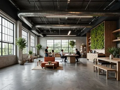 Industrial-style workshop, recycled metal walls, polished concrete floors, minimal decor, functional workstations, eco-friendly lighting, reclaimed wood accents, living green walls, natural ventilatio