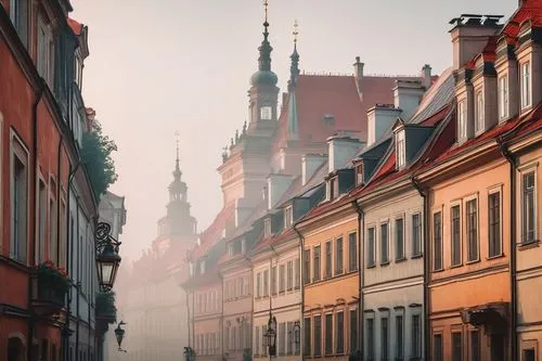 Warsaw old town, historic buildings, ornate facades, Baroque style, grandiose structures, red rooftops, stone walls, Gothic spires, narrow cobblestone streets, lanterns, flower boxes, balconies with i