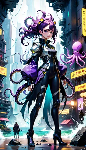 medusa gorgon,cyberpunk,sci fiction illustration,medusa,game illustration,tentacles,cephalopods,neottia nidus-avis,octopus tentacles,tentacle,cg artwork,gorgon,cephalopod,squid game card,apiarium,octopus,nautilus,game art,cyber,concept art,Anime,Anime,Cartoon