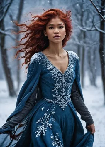 (zendaya:1.4) painting of a woman with long red hair, snowy moor, by Arabella Rankine, among the ravens, deep emotions, storybook style inspired by John Eyre, messy haircut, housewife, blue dress, red