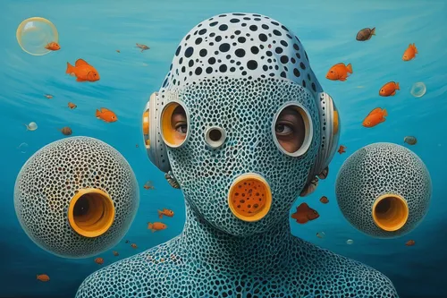 diving mask,psychedelic art,snorkeling,diving helmet,surrealism,trypophobia,percolator,coral-spot,scuba,aquanaut,sea god,under sea,barnacles,the people in the sea,diving bell,deep sea diving,freediving,coral guardian,undersea,bottlenose,Illustration,Realistic Fantasy,Realistic Fantasy 24