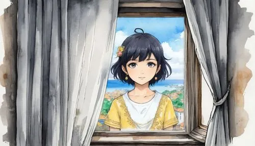 loose storyboard sketch with watercolour in a textured paped of brazilian neighborhood,a  looks out the window while wearing a yellow shirt,window,watercolor frame,onodera,window to the world,open win