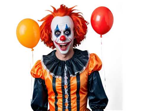 Creepy horror clown, solo, pale skin, red nose, sinister smile, black eyebrows, messy orange wig, colorful costume, oversized buttons, frayed collar, torn sleeves, holding a balloon, sinister gaze, cl