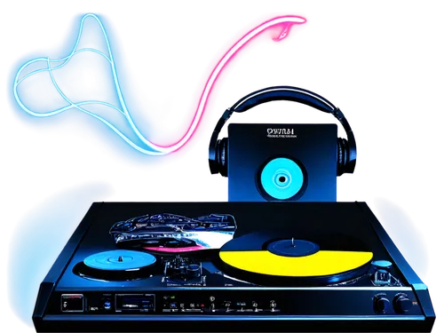 CD, vinyl record, DJ equipment, headphones, microphone, soundboard, mixing console, studio monitors, acoustic guitar, musical notes, treble clef, waveform display, neon lights, futuristic setting, dar