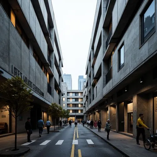 Rugged school buildings, brutalist architecture, raw concrete walls, exposed ductwork, industrial-style lighting fixtures, metal beams, reinforced columns, geometric shapes, minimalist decoration, fun