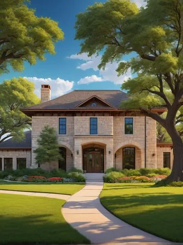 Prairie style house, modern A&M University architecture, solo, afternoon, sunny day, blue sky with few white clouds, vast green lawn, beautiful detailed trees, blooming flowers, circular driveway, ele