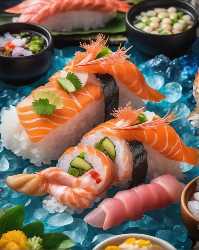 Take your taste buds on an adventure in a sushi zone set in a mystical underwater cave, where the freshest seafood is magically sourced.,sushi set,sashimi,sushi plate,sushi roll images,sushi japan,nig