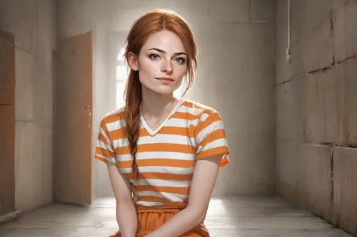 prisoner,girl in t-shirt,portrait background,photoshop manipulation,girl in a long,clary,prison,striped background,isolated t-shirt,young woman,the girl's face,photo manipulation,detention,animated cartoon,orange,world digital painting,girl sitting,depressed woman,digital compositing,scared woman,Digital Art,Character Design