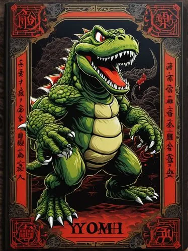 trading card japan kanji, engraving antique books, nintendo character giant monster Yoshi angry, destroy builds japanese, dark background.,yoshi,dragon of earth,wyrm,dragon li,gavial,chinese dragon,gr