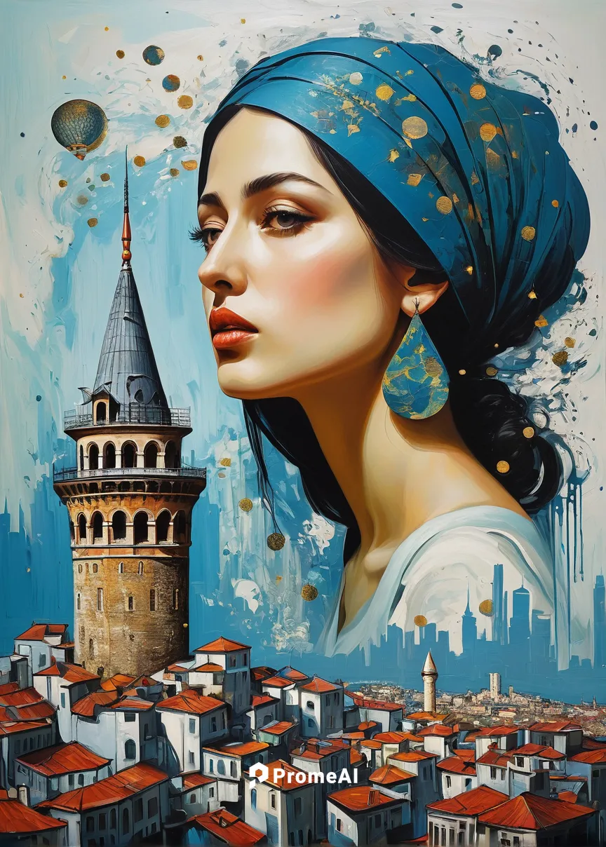 , a real cityscape (istanbul) where mythical creatures coexist with futuristic elements, a harmonious blend of the past and present and future, design in mind, galata tower, impasto brush strokes by v