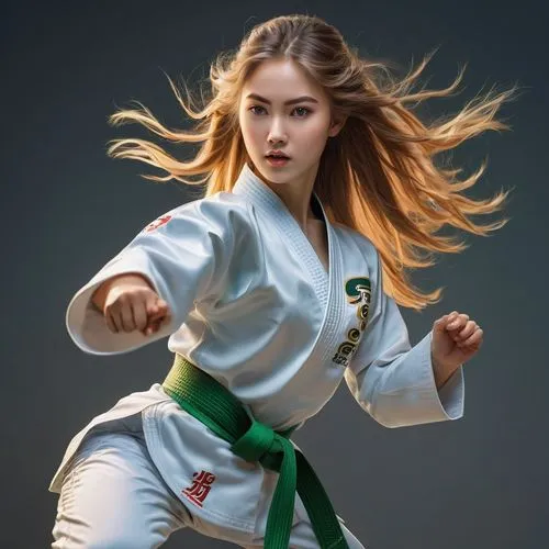 realistic beautiful girl, oval face shape, gold long hair, s-shape eyebrow, wide set eyes, green eyes, heavy lower  lips, triangle body shape, (full body show), masterpiece., wearing Taekwondo suit, o