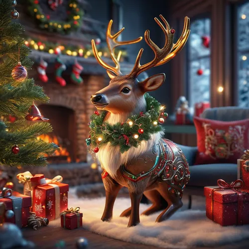 Develop whimsical Christmas illustrations with playful elves, magical reindeer, and festive stockings. Design a magical ambiance for an enchanting and fantastical holiday.,christmas deer,reindeer,rain