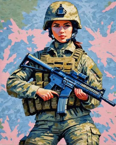 girl with gun,girl with a gun,military camouflage,combat medic,operator,gi,infantry,us army,armed forces,military,camo,airsoft,military person,usmc,federal army,pink vector,army men,japanese sakura background,children of war,war correspondent,Conceptual Art,Oil color,Oil Color 10