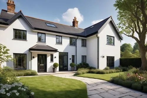 Modern UK style residential house, 2-storey, white exterior walls, black roof tiles, large glass windows, wooden doors, beautiful garden, green grass, flower beds, tall trees, natural stone pathway, o