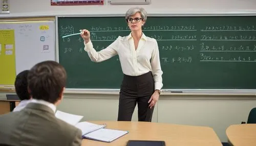 University classroom, mature lady professor, standing, whiteboard marker, glasses, short hair, business casual attire, blouse, trousers, heels, lecturing, computer science students, laptops, notes, de