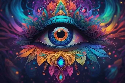 Trippy, psychedelic, vibrant colors, abstract patterns, swirling shapes, glowing third eye, Indian-inspired, ornate details, intricate designs, mystical aura, dreamy atmosphere, soft focus, bokeh effe