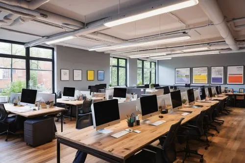 open-concept workspace, wooden floors, exposed ceilings, minimalist desks, Mac computers, trendy furniture, vibrant color accents, inspirational quotes on walls, collaborative atmosphere, natural ligh