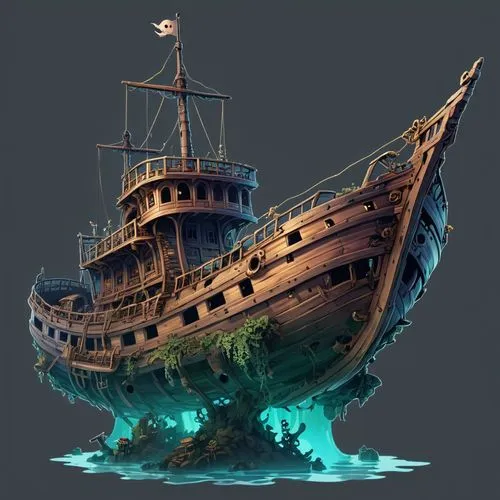 2d side sprite of a anime colored spooky sunken ship, transparent background,an illustration of a ship on the ocean with a shark in the water,shipwreck,old ship,viking ship,noorlander,pirate ship,whal