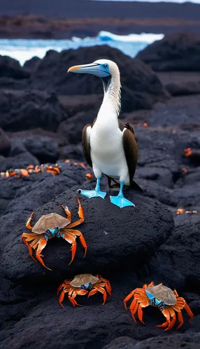 Blue Footed Booby and Sally Lightfoot crabs on lava boulder on Espanola Island, Galapagos Islands,antarctic bird,amphiprion,antarctic flora,galapagos islands,a species of marine bird,sea animals,gento