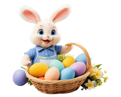 Happy Easter, cartoon style, colorful eggs, decorated basket, spring flowers, smiling chick, gentle bunny, holding eggs, warm sunlight, soft focus, pastel colors, shallow depth of field, 3/4 compositi