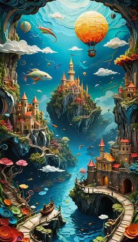 fantasy world,fantasy city,fantasy landscape,imaginationland,fairy world,3d fantasy,fantasy picture,fantasy art,dream world,mushroom landscape,mushroom island,fairy village,underwater landscape,wonderlands,ecotopia,dreamlands,sea fantasy,smallworld,little world,atlantis,Illustration,American Style,American Style 01