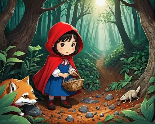 Little Red Riding Hood digging for fossils,little red riding hood,red riding hood,fairy tale character,fairy tale icons,red coat,storybook character,game illustration,snow white,little fox,forest back