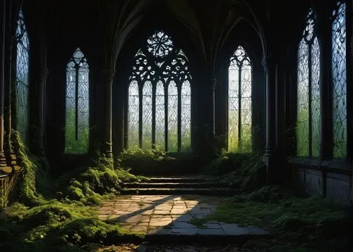 Ancient, mysterious portal, Gothic architecture, grand, ornate, intricate stone carvings, pointed arches, ribbed vaults, flying buttresses, stained glass windows, dark, dimly lit, misty atmosphere, ee