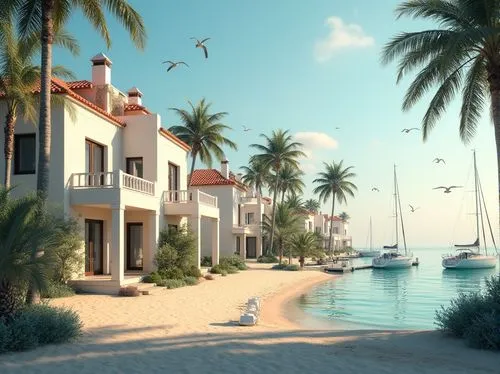 seaside resort,holiday villa,3d rendering,beachfront,house by the water,harborfront,beach resort,render,palmilla,shorefront,gouna,bungalows,houseboats,resort,harouna,tropical house,townhomes,waterfront,lamu,3d rendered,Photography,General,Realistic