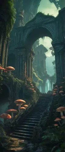 ancient city,mushroom landscape,fantasy landscape,labyrinthian,rivendell,hinterlands,morrowind,arenanet,strangehold,futuristic landscape,tigers nest,karst landscape,alfheim,calydonian,ruins,yavin,neverwinter,artemis temple,imperialis,environments,Illustration,Realistic Fantasy,Realistic Fantasy 47