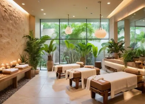 Modern day spa, luxurious interior design, minimalist aesthetic, cream-colored walls, wooden accents, soft cushioned chairs, floor-to-ceiling windows, natural light pouring in, lush greenery, tropical