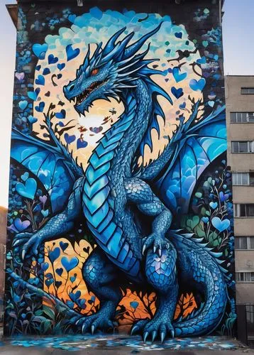 ((forest dragon , in a building black and white, lots of blue hearts))). Sunset. This transformation is captured in high-definition. Surrounding iridescent bodies are scattered in the center, depictin