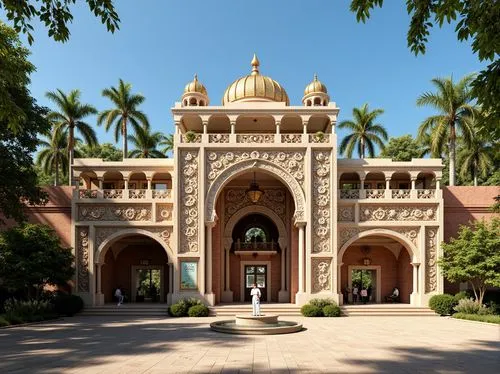 Intricate stone carvings, ornate arches, golden domes, vibrant mosaic patterns, majestic entrance gates, imposing columns, rustic brick walls, lush greenery, exotic trees, sunny day, warm soft lightin