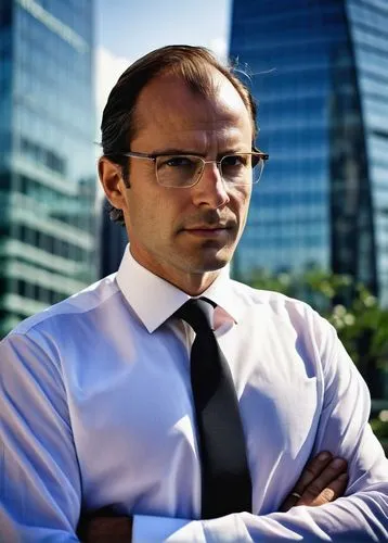 Middle-aged, mature businessman, architecture analyst, Accenture employee, formal suit, white shirt, tie, glasses, receding hairline, stubble, standing, hands behind back, confident posture, cityscape