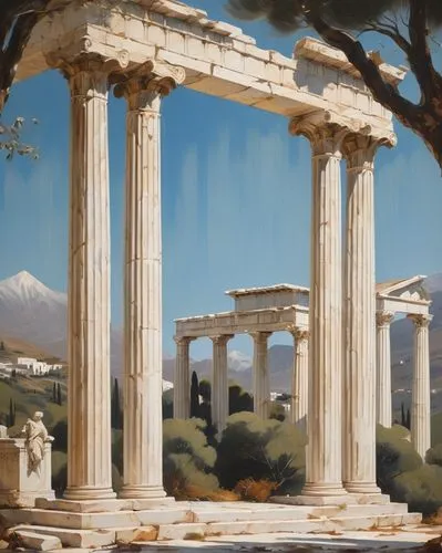 greek temple,erechtheus,acropolis,doric columns,panathenaic,erechtheion,the parthenon,parthenon,temple of diana,caesonia,athenian,akropolis,three pillars,pergamum,hellas,laodicea,pillars,classical antiquity,panagora,temple of hercules,Conceptual Art,Oil color,Oil Color 01