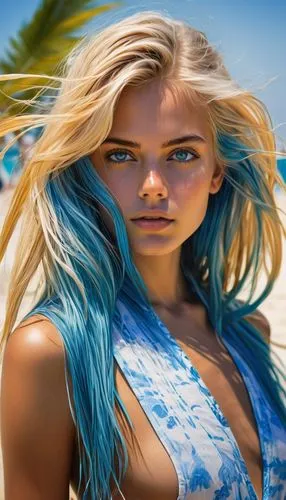 color turquoise,long blonde hair,cool blonde,blue hair,turquoise,beach background,Conceptual Art,Fantasy,Fantasy 04