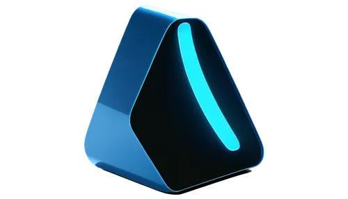 Triangle-shaped speaker, metallic material, glossy finish, rounded edges, LED lights flashing, buttons on surface, 3D modeled, detailed texture, futuristic design, neon blue glow, close-up shot, shall