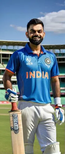 Virat Kohli, Indian cricket team captain, confident smile, intense eyes, athletic build, short black hair, sporty beard, white cricket jersey, blue trousers, cricket bat in hand, standing in cricket s