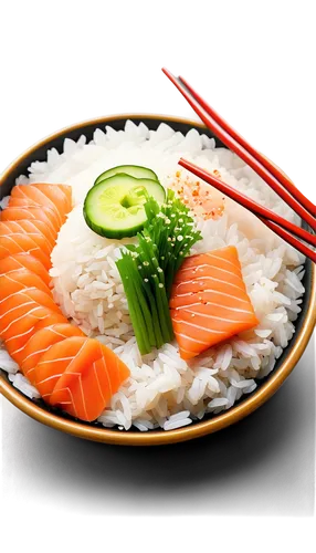 Japanese rice bowl, steaming hot, white rice, various toppings, raw salmon sashimi, pickled ginger, green onions, sesame seeds, wooden chopsticks, ceramic bowl, traditional Japanese table setting, sha