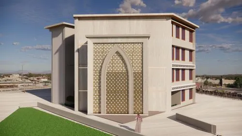 ADD A BUSY COMMERCIAL AREA,a small white church with a giant door next to a lawn,al nahyan grand mosque,alabaster mosque,islamic architectural,king abdullah i mosque,azmar mosque in sulaimaniyah,al-as