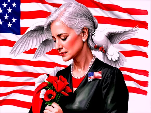 Memorial Day, American flag, wreath, poppy flowers, white doves, solemn atmosphere, close-up of folded flag, mature lady, respectful gesture, gentle hands, tears in eyes, subtle makeup, silver hair, b