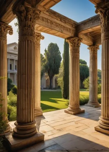 peristyle,villa cortine palace,colonnades,glyptothek,celsus library,temple of diana,gennadius,loggia,zappeion,three pillars,roman columns,paestum,hispania rome,doric columns,ancient rome,stanford university,colonnade,foro romano,appian,pillars,Art,Classical Oil Painting,Classical Oil Painting 09