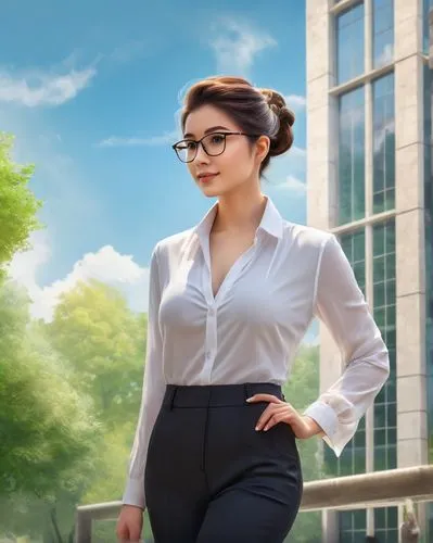 Mature lady, 25yo, master's graduate, architectural engineer, solo, white shirt, black blazer, formal trousers, high heels, glasses, neat bun hair, subtle makeup, confident posture, standing, modern u