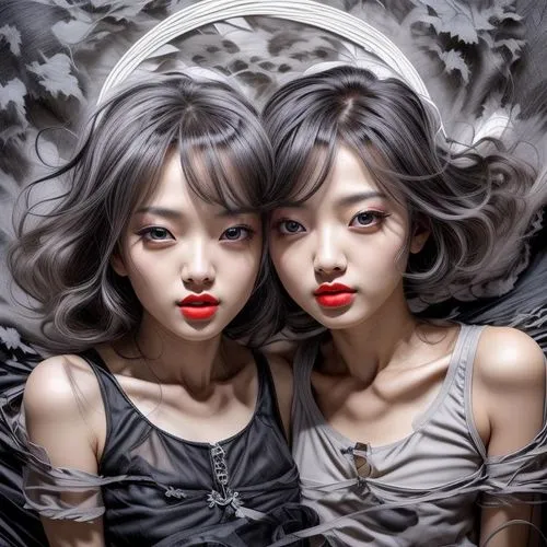 yulan,vampyres,geishas,asiaticas,mirror image,world digital painting,two girls,porcelain dolls,priestesses,moorii,gothic portrait,duplicity,soori,doll looking in mirror,mirror of souls,angel and devil,digital painting,dolls,mirror reflection,yinyang