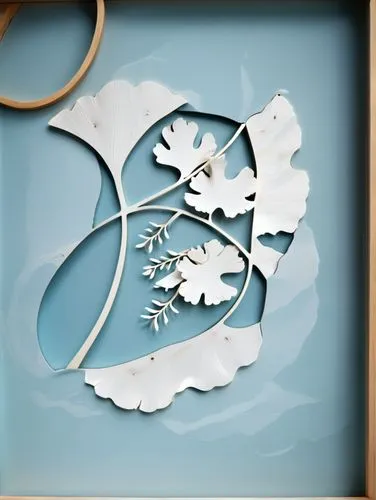 A gingko leaf mirror frame made of wood and metal ,a round mirror has blue and silver leaves on it,blue leaf frame,circle shape frame,exterior mirror,plate shelf,wood mirror,marquetry,Unique,Paper Cut