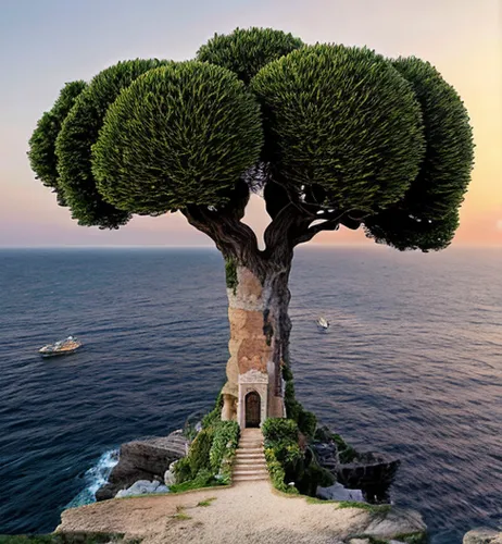 dragon tree,canarian dragon tree,isolated tree,snake tree,mushroom island,capri,strange tree,amalfi coast,tree of life,trumpet tree,island suspended,tree mushroom,a tree,flourishing tree,islet,celtic tree,art forms in nature,amalfi,italy,pine tree,Realistic,Landscapes,Mediterranean