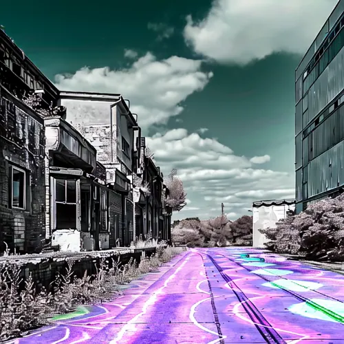 virtual landscape,urban landscape,street chalk,digital compositing,techno color,urban design,street view,laneway,digiart,racing road,bicycle path,spectral colors,townscape,paved square,city trans,high