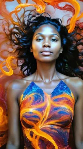 neon body painting,vodun,promethea,bodypainting,fire background,flame spirit