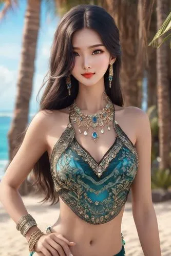 realistic rich colors, tropical forest, early morning, ocean, blue sky, tropical island, very beautiful charming woman in a beautiful Arabic top decorated with jewels, beautiful swimming trunks decora